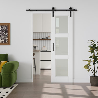 Aucun assemblage requis, porte de grange coulissante en verre givré 3-Lite et portes de garde-robe en bois manufacturé avec fermeture en douceur et poignée double face