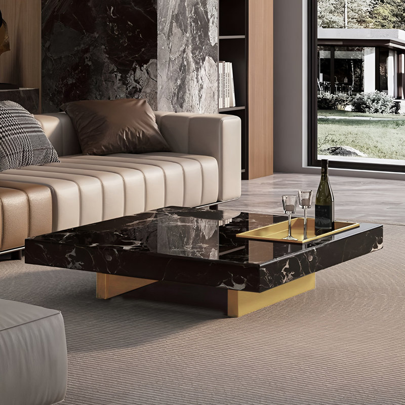 Oversized 47.24" Square Coffee Table, Modern Marble-Style Coffee Table with Built-in Tray, Low Profile Center Table for Living Room, Black & Gold Accent Cocktail Table, Easy Assembly