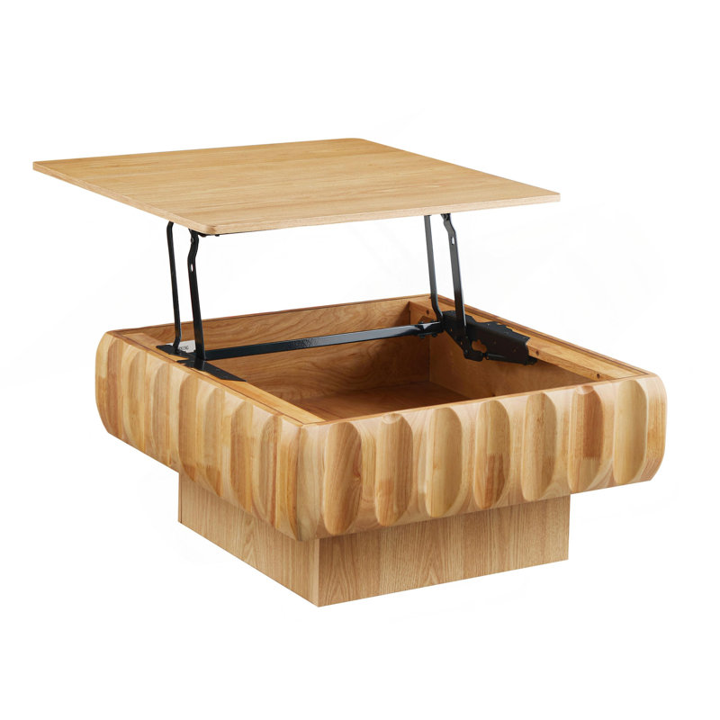 Table basse carrée à plateau relevable avec structure en bois massif et rangement caché, Bois naturel