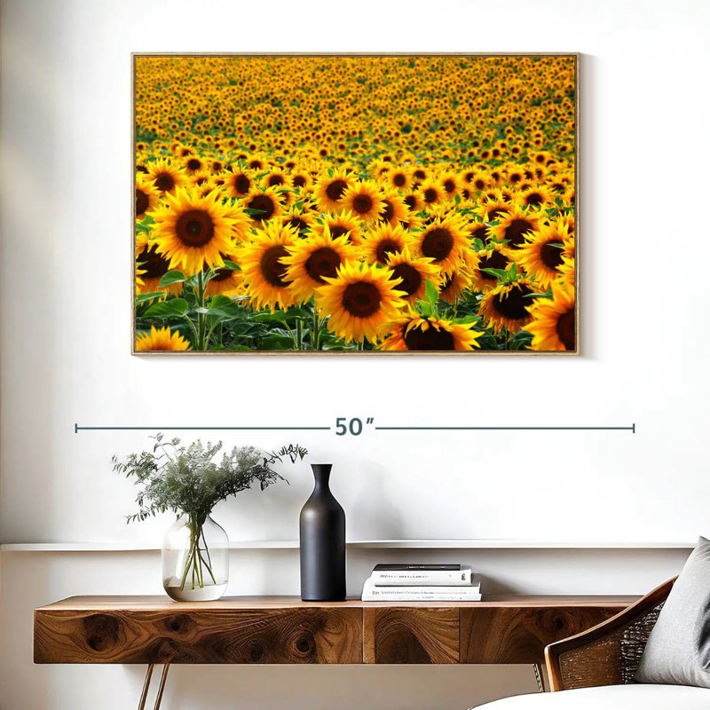 Champ de tournesols sans fin, Cadre flottant en bois naturel, 40 po x 27 po