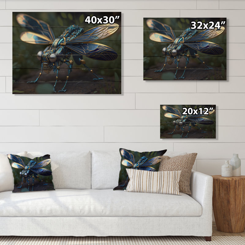 Décoration murale libellule cybernétique en bleu et or II - Libellule animaux, H 12 po x l 20 po x P 1 po, Bois enveloppé