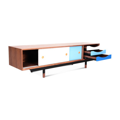 Meuble télé Retro 1955 de couleur bleue, placage de noyer naturel, pieds en acier inoxydable noir, pieds solides, tiroirs en bois laqué pour le salon principal - teint avec