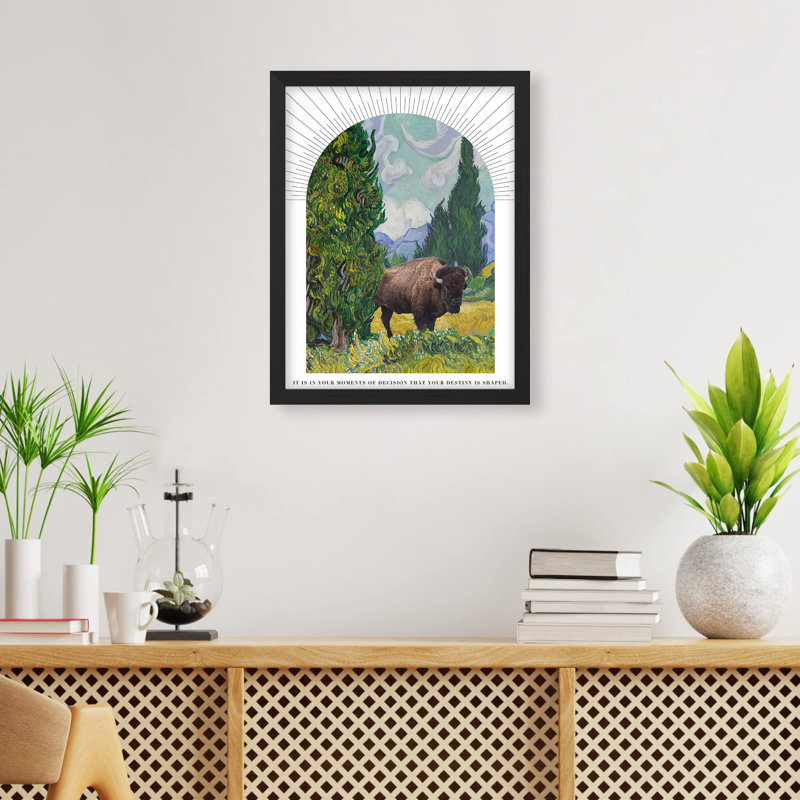 «Bison Buffalo Van Gogh Cypress Trees» sur papier, Noir