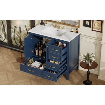 Meuble-lavabo 36 po avec lavabo, armoire de salle de bain avec porte à fermeture en douceur, 4 tiroirs de différentes tailles, structure et pied en bois massif, deux ensembles, bleu