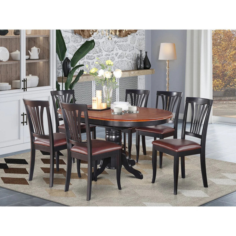7 Piece Dining Table Set Consist of an Oval Dining Room Table with Butterfly Leaf and 6 Faux Leather Upholstered Chairs, 42x60 Inch, Black & Cherry