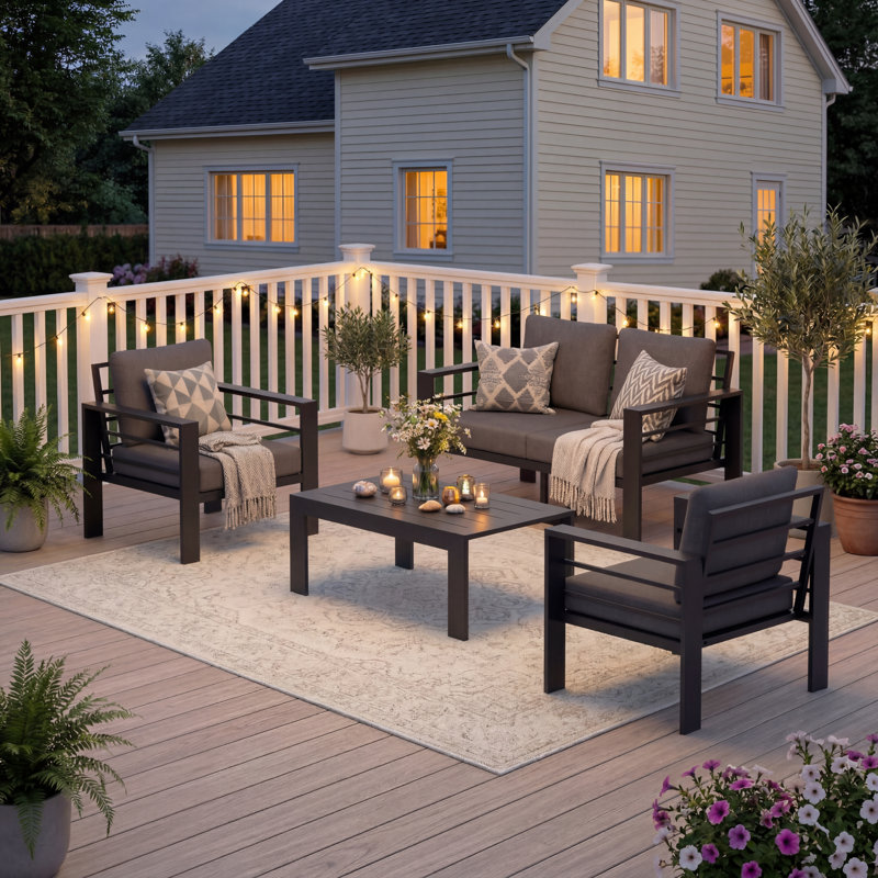 All-Aluminum Outdoor Furniture Set, 4-Person Patio Seating Group, 4-Piece Conversation Set with Thick Cushions and Coffee Table ( Dark Grey Cushions)