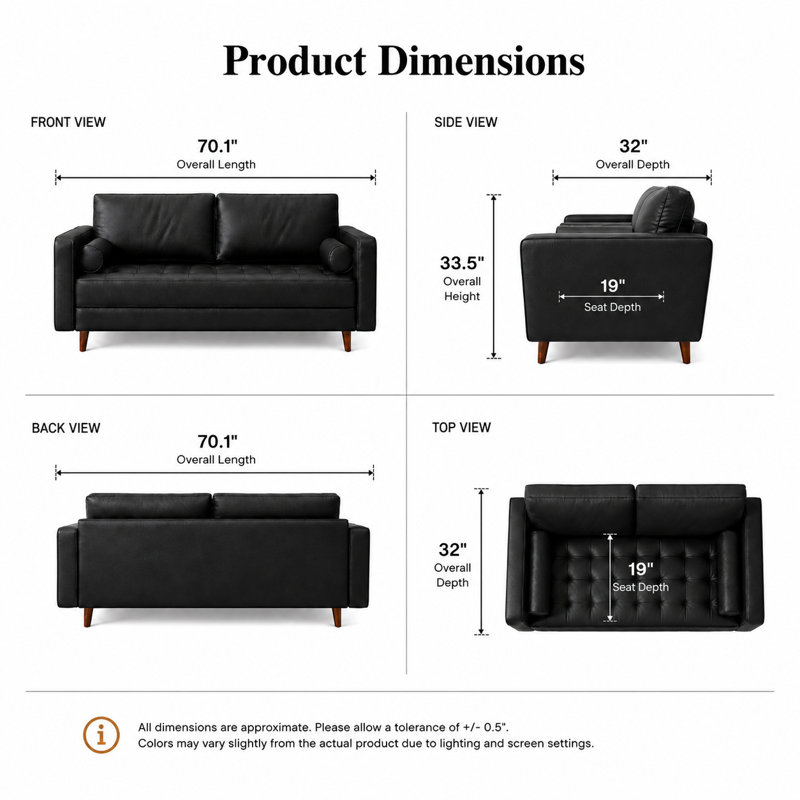 Canapé à accoudoirs carrés en cuir Bridgeview, Cuir végétalien noir, H 33 po x l 70 po x P 32 po