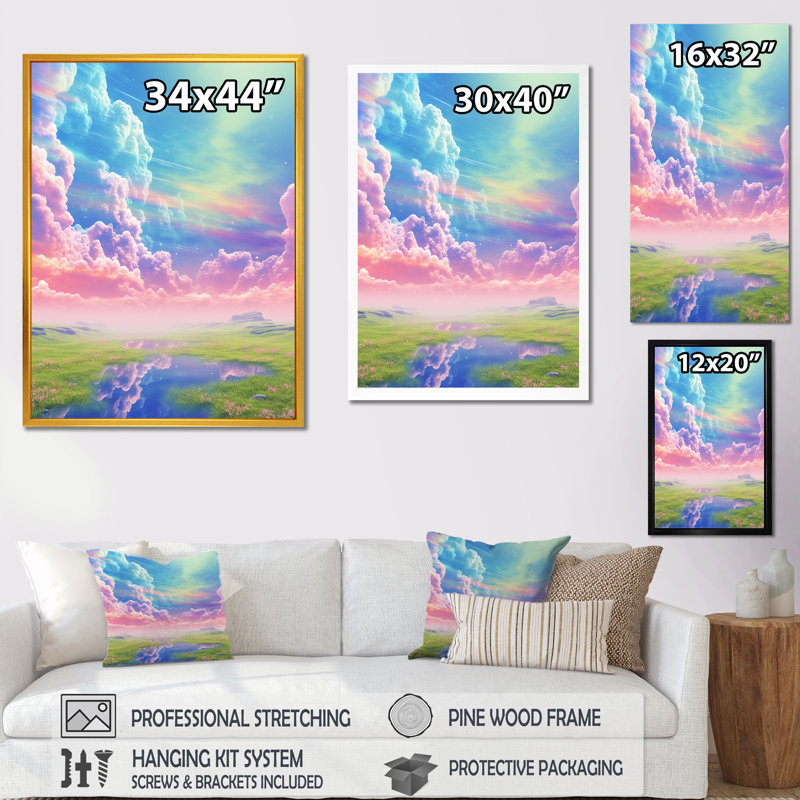 «Pink Clouds in Serene Pastel Landscape», reproduction sur toile, 32" H x 16" W, Toile tendue