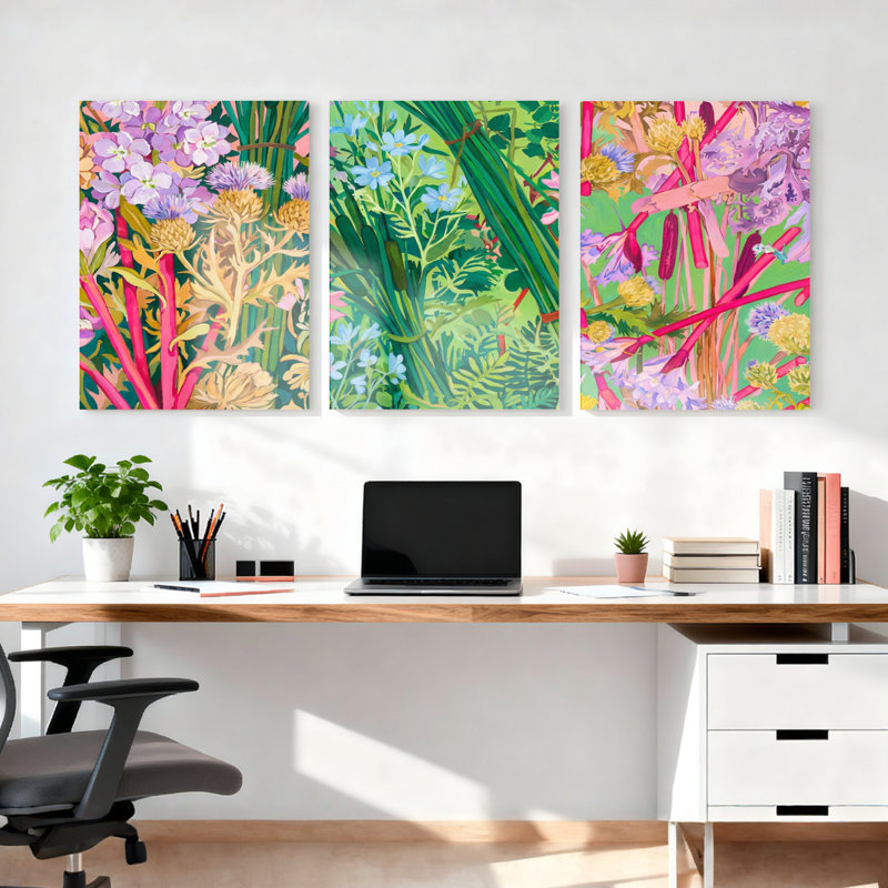 Ensemble de 3 tableaux muraux sur toile tendue représentant un jardin floral, pour la décoration du salon, de la chambre ou du bureau.