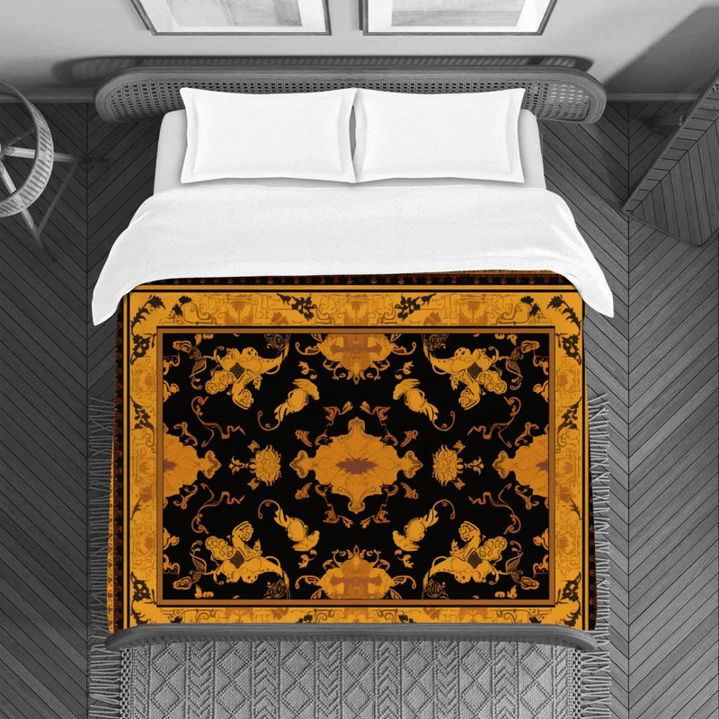 Machine Printed Duvet Cover, Black/Gold Oushak, Queen Duvet Cover