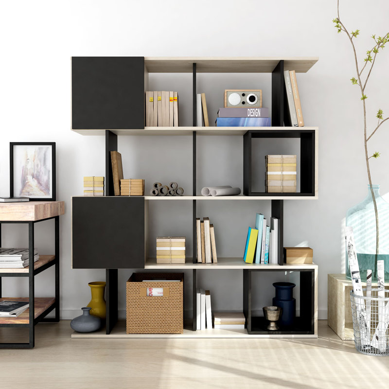 Black and Beige Geometric Manufactured Wood Bookcase