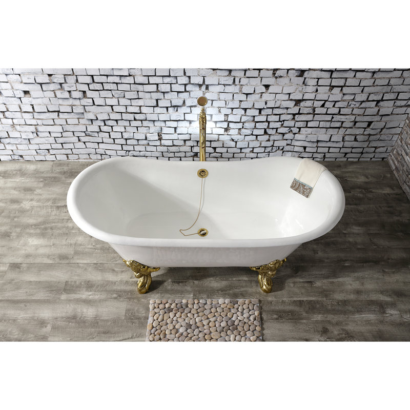 Kingston Brass Aqua Eden 67-Inch Cast Iron Oval Double Slipper Clawfoot Tub (No Faucet Drillings), Polished Brass