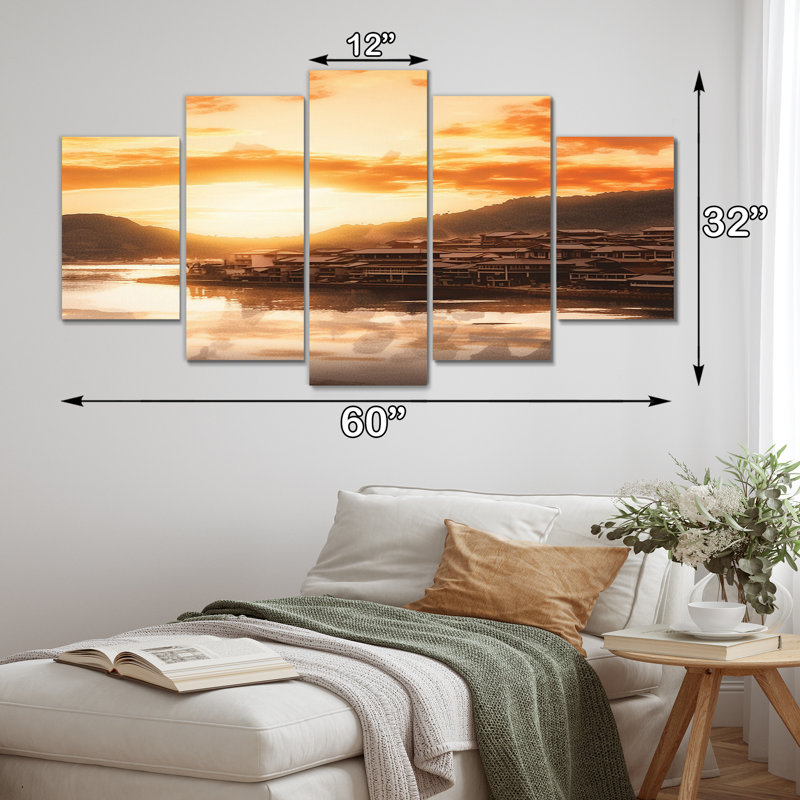 Coucher de soleil sur la baie avec montagnes rétro paysage marin - impression d'art mural asiatique - 5 panneaux