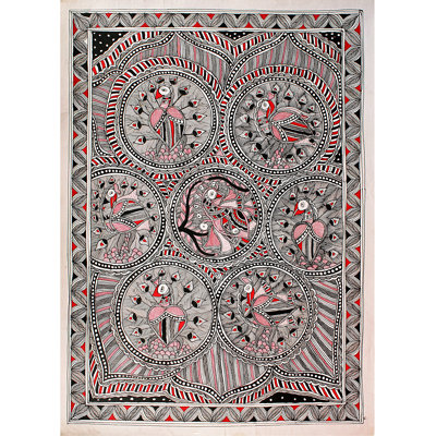 Sept paon | Peinture Madhubani | Couleurs naturelles sur papier fait à la main