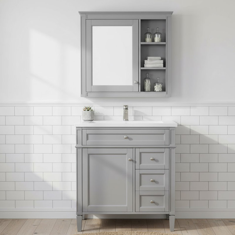 Armoire de rangement de salle de bain moderne avec 2 tiroirs et un tiroir incliné, Gris, Argent argent