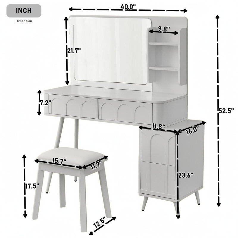 Bureau de coiffeuse avec miroir, armoire d'appoint, tiroirs et tabouret
