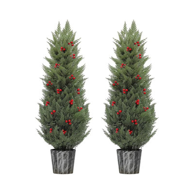 Artificial Cedar Topiary Trees 4FT, UV Resistant Potted Fake Cypress Trees Faux Cedar Topiary Evergreen Potted Plants For Outdoor Home Porch, Office, Indoor Outdoor Decoration (2 Pack)