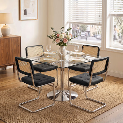 39" Tempered Glass Dining Table Set for 4 with Chrome Cane-Back Chairs