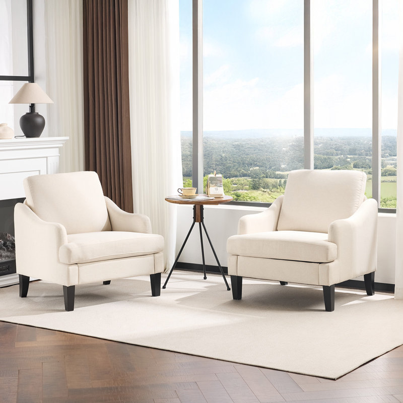  2Pcs Linen Sloping Handrail Small Bedroom Chairs Mid Century Modern Accent Chairs Set Of 2, Beige Linen