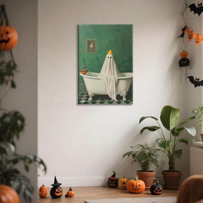 Mignon fantôme dans une baignoire, affiche, art mural victorien vert, université foncée, décor de Cottagecore, toile de Halloween effrayante, canard amusant, impression de photos pour salle de bain gothique, fête à domicile, esthétique, 24 x 36 pouces