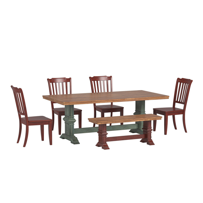 Fortville 78" Solid Wood Oak Finish Top Dining Set With Spindle Back Chairs 6-piece, Antique Sage Base Table, Antique Red Base Chairs and Bench