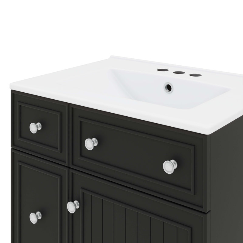 Meuble-lavabo 24 po avec lavabo en céramique 2 tiroirs et 1 porte, Noir, Nickel brossé