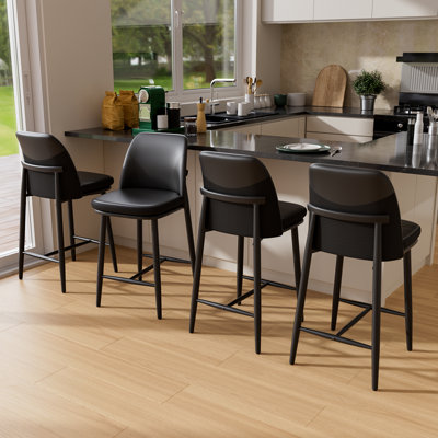 Ensemble de 4 tabourets de bar, tabourets de bar rembourrés à hauteur de comptoir, tabourets de comptoir de 26 pouces avec dossier, pieds en métal et cuir texturé et tissu pour la salle à manger de l'îlot de cuisine, noir