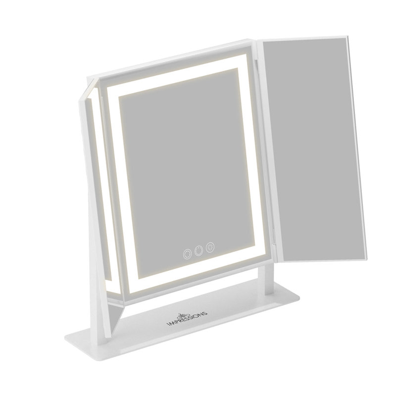 Ecka Luxury Trifold LED Tri-Tone Makeup Mirror with 360 Degree Tilt, Vanity Mirror with Stand, White