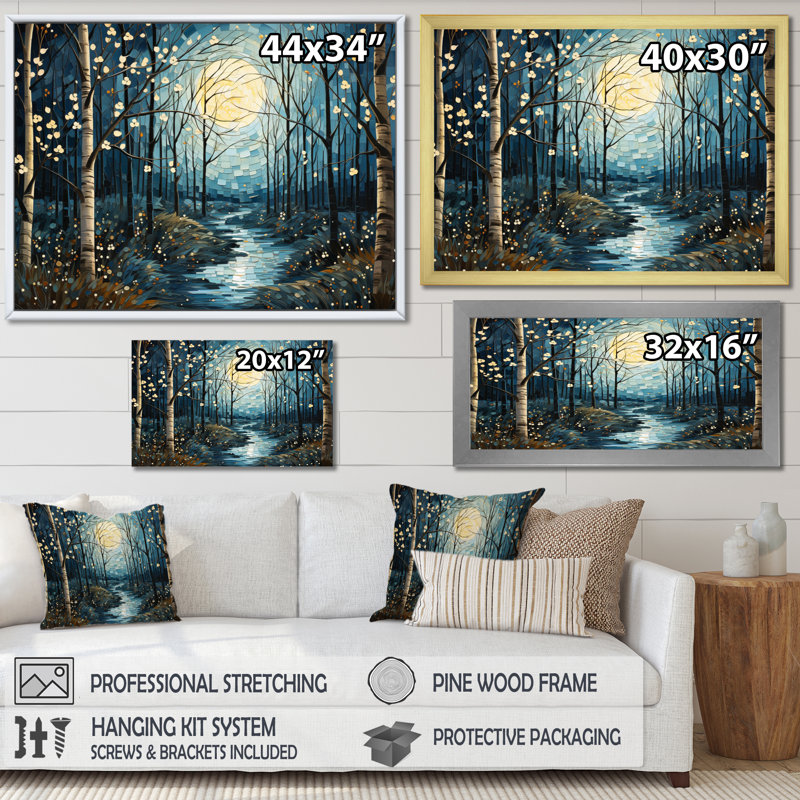 Birch Woods Mystic Moonlight VI sur impression sur toile, H 34 po x l 44 po x P 1,5 po, Cadre flottant doré