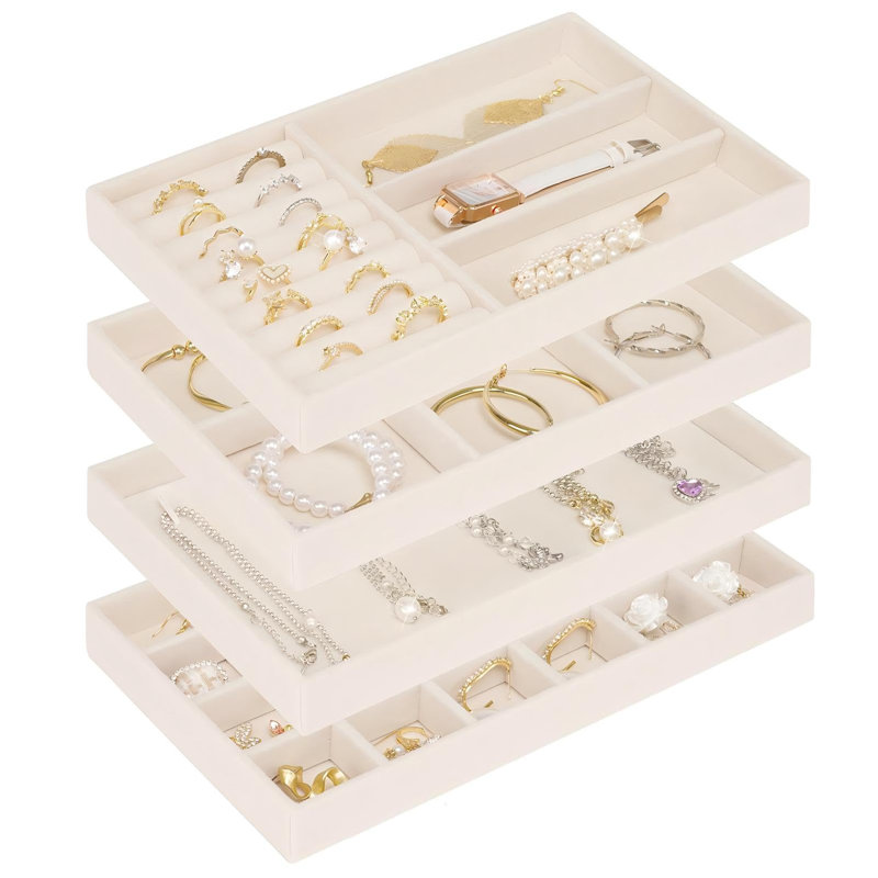 Stackable Jewellery Trays Organizer For Drawer, 4 Set Of Jewellery Organizers And Display Case Storage, Velvet Drawer Inserts Organizer,Beige