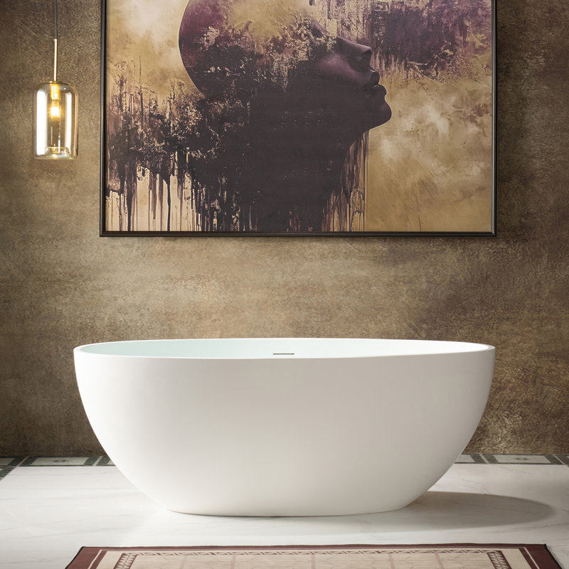 55" Freestanding Soaking Solid Surface Stone Resin Bathtub with Integrated Overflow and Pop-up Drain, Matte White