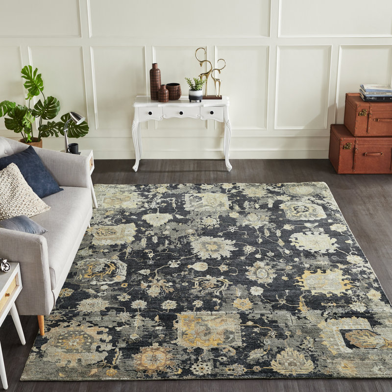 Darreyl Hand Knotted Wool Area Rug in Black, Rectangle 8' x 10'