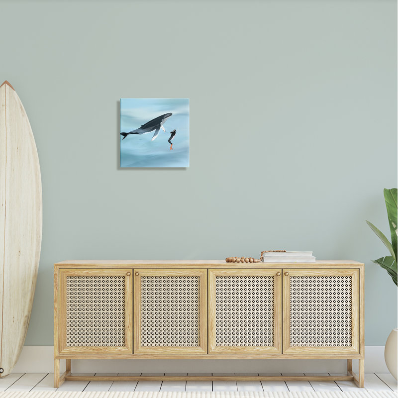 «Underwater Scuba Diver and Whale Friends» par Ashley Singleton - impression sur toile tendue, H 17 po x l 17 po x P 1,5 po