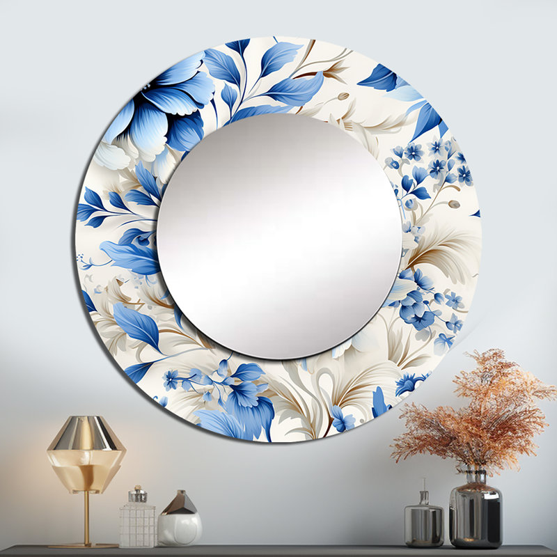 Intricate Cobalt Lace Victorian Pattern - Floral Large Wall Mirror, Blue Unique Mirror, Printed Metal Art, 29" x 29", Round