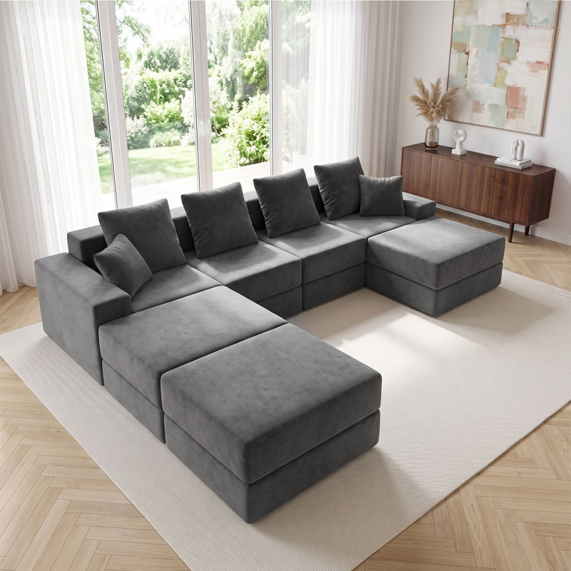Canapé-lit modulaire surdimensionné en forme de L de 128 po avec repose-pieds, Gris