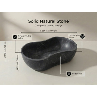 Lavabo vasque en marbre naturel luxueux gris foncé, lavabo en pierre ondulée organique de 23,6 po, lavabo monobloc massif sculpté, finition matte
