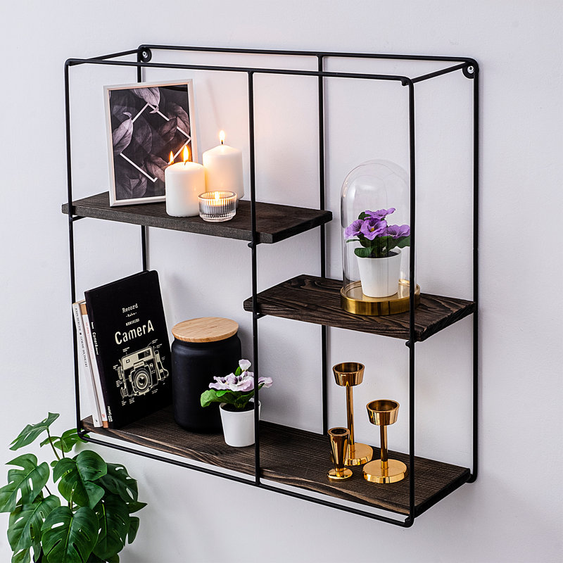 Modern Wall Shelf Set (3 Pieces), Black & Walnut, 23.6 x 5.5 inches (2 Pieces) & 23.6 x 5.5 inches (1 Piece) | 100% Spruce Wood & 100% Metal Frame (0.24 inches) | Stylish Storage Solution for Home & Office