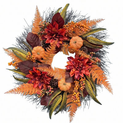 Couronne murale 19,69 pouces avec dahlias, mini citrouilles, baies et pommes de pin, décoration rustique de l'Action de grâce
