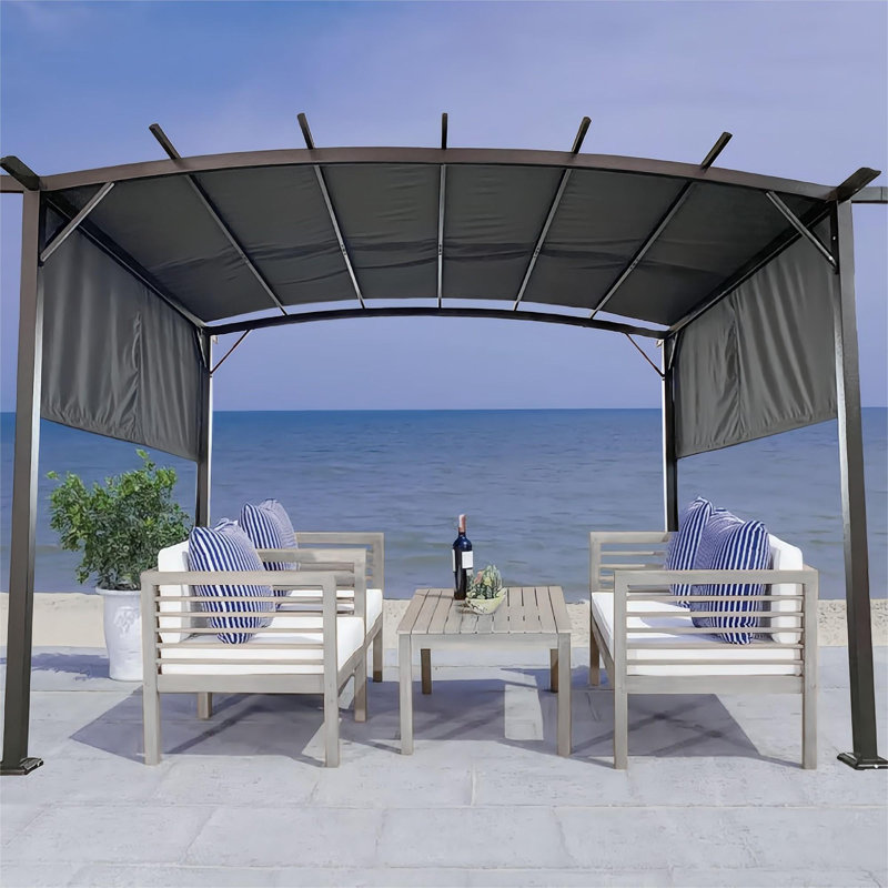 12X9 Ft Metal Pergola Gazebo With Retractable Shade Canopy, Black