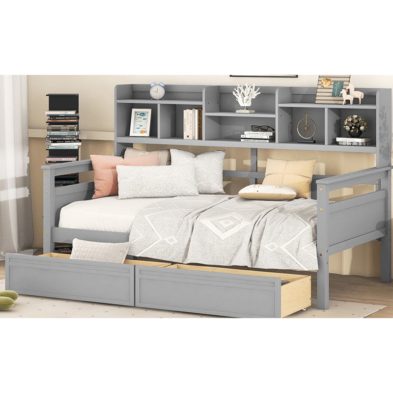 Lit de jour avec lattes de bois et options de rangement supplémentaires Finition, cadre, pratique, Lit simple, Gris