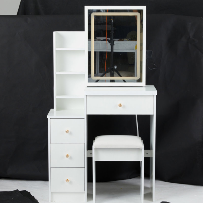 29.2" Small Size Left Bedside Cabinet Vanity Table + Cushioned Stool, Large Sliding, Touch Control, Tri-Color Switching, Brightness Adjust LED Mirror, High Capacity Storage, Suitable For Small Space