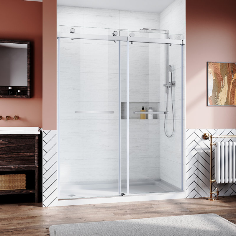 Frameless Sliding Shower Glass Door 56-60 In.W X 76 In. H,3/8"(10Mm) Thick Clear Tempered Glass,Heavy Duty Stainless Steel Hardwares,Brushed Nick