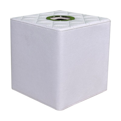White Tufted Leather & Steel Tissue Box Cover