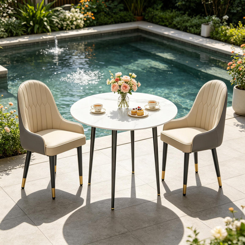 Round Dining Table And 4 Chairs Set, 5pcs Dining Room Sets For Restaurant Kitchen Office, 2-4 Seaters Marble Table And Light Khaki Microfiber Silicone Leather Kitchen Chairs Set Of 4