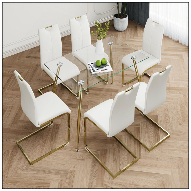 Table de salle à manger rectangulaire moderne en verre simple, comptoir en verre trempé résistant à l'usure, pieds plaqués or, ensemble de chaises de salle à manger en polyuréthane, convient à une cuisine de restaurant