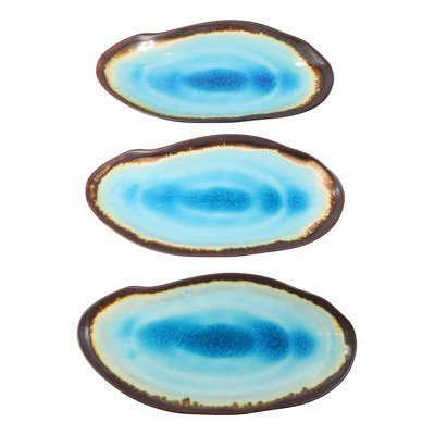 Ensemble de 3 plateaux de service en porcelaine de forme oblongue bleue de 12 po Aozora Kannyu