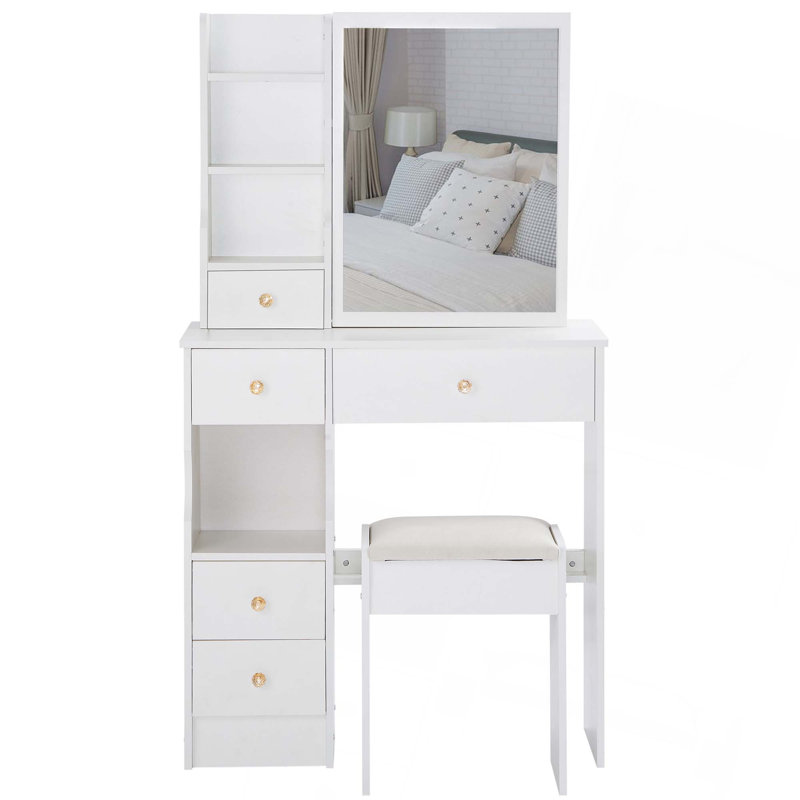 29.2" Small Space Left Drawer Desktop Vanity Table   Cushioned Stool, Extra Large Right Sliding Mirror, Multi Layer High Capacity Storage, Practical Fashionable Dresser, Suitable For Small Space