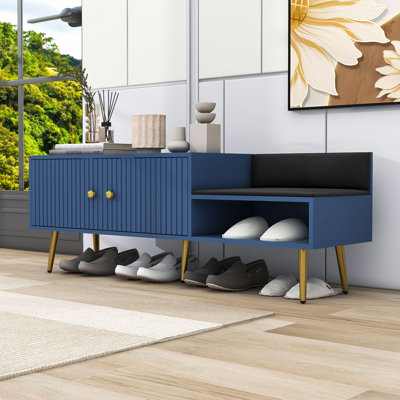 Modern Shoe Storage Bench with Upholstered Cushions and Metal Legs for Entryway