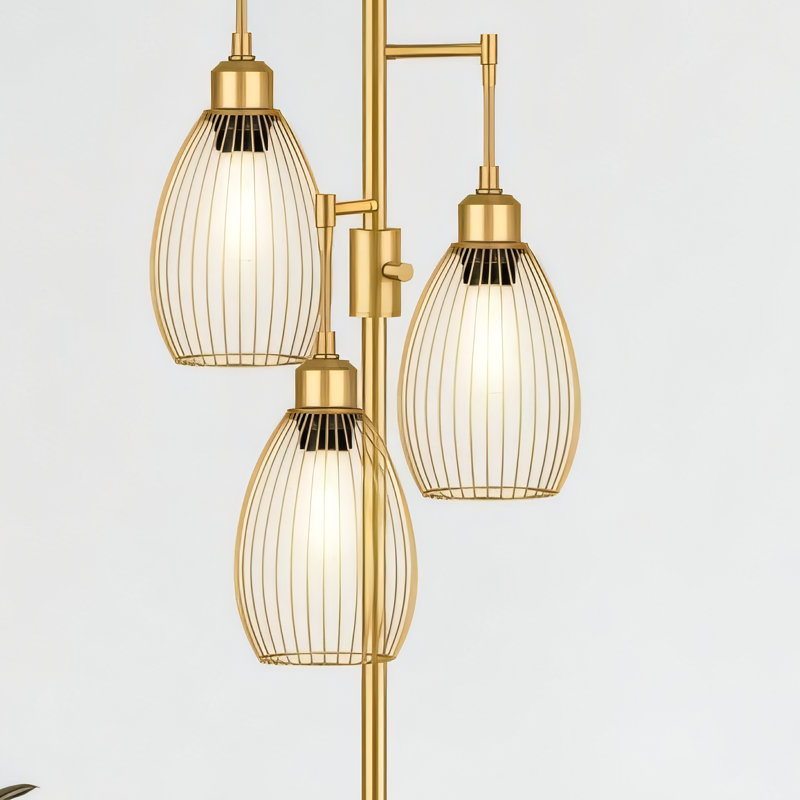 Matte Gold Farmhouse/Industrial Style Dimmable Floor Lamp, Tree-Shaped Design With A Tall Lampshade, Includes 3 X 800 Lumens LED Bulbs. Suitable For Living Rooms, Bedrooms, Offices, And Dining Rooms.