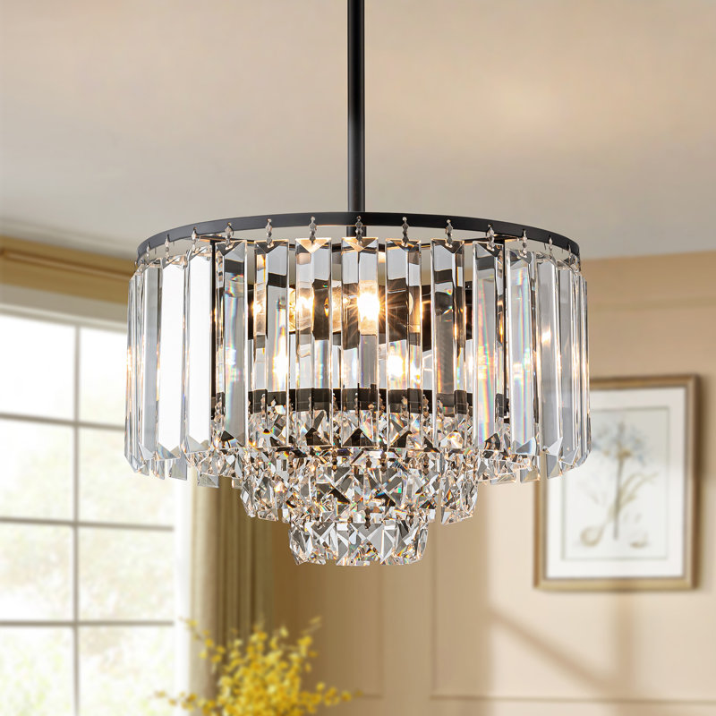 Modern 4-Tier Crystal Chandelier, Matte Black, 2 Lights